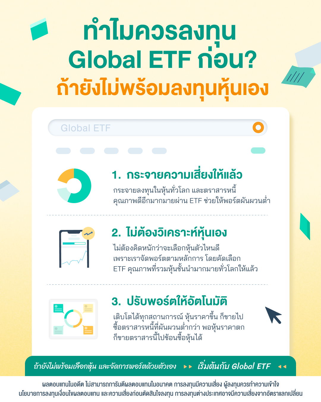 ภาพแสดงเหตุผลว่าทำไมควรลงทุน Global ETF ก่อน ถ้ายังไม่พร้อมลงทุนหุ้นเอง ข้อที่ 1 คือกระจายความเสี่ยงให้แล้ว กระจายลงทุนในหุ้นทั่วโลก และตราสารหนี้คุณภาพดีอีกมากมายผ่าน ETF ช่วยให้พอร์ตผันผวนต่ำ 2 ไม่ต้องวิเคราะห์หุ้นเอง
ไม่ต้องคิดหนักว่าจะเลือกหุ้นตัวไหนดี เพราะเรากระจายลงทุนหุ้นดีๆ ทั่วโลกให้แล้ว 3 ปรับพอร์ตให้อัตโนมัติ
เติบโตได้ทุกสถานการณ์ หุ้นราคาขึ้น ก็ขายไปซื้อตราสารหนี้ที่ผันผวนต่ำกว่า
พอหุ้นราคาตก ก็ขายตราสารนี้ไปช้อนซื้อหุ้นได้ สรุปว่าถ้ายังไม่พร้อมเลือกหุ้น และจัดการพอร์ตด้วยตัวเอง เริ่มต้นกับ Global ETF