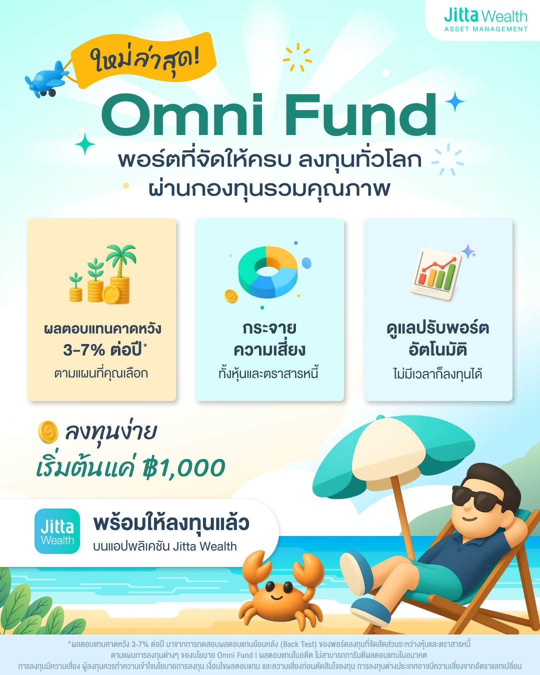 ใหม่! Omni Fund พอร์ตที่จัดให้ครบลงทุนทั่วโลก ผ่านกองทุนรวมคุณภาพ กระจายความเสี่ยงทั้งหุ้นและตราสารหนี้ ดูแลปรับพอร์ตอัตโนมัติ ผลตอบแทนคาดหวัง 3-7% ตามแผนที่คุณเลือก ลงทุนง่าย สบายใจตั้งแต่แรก เริ่มต้นแค่ 1,000 บาท