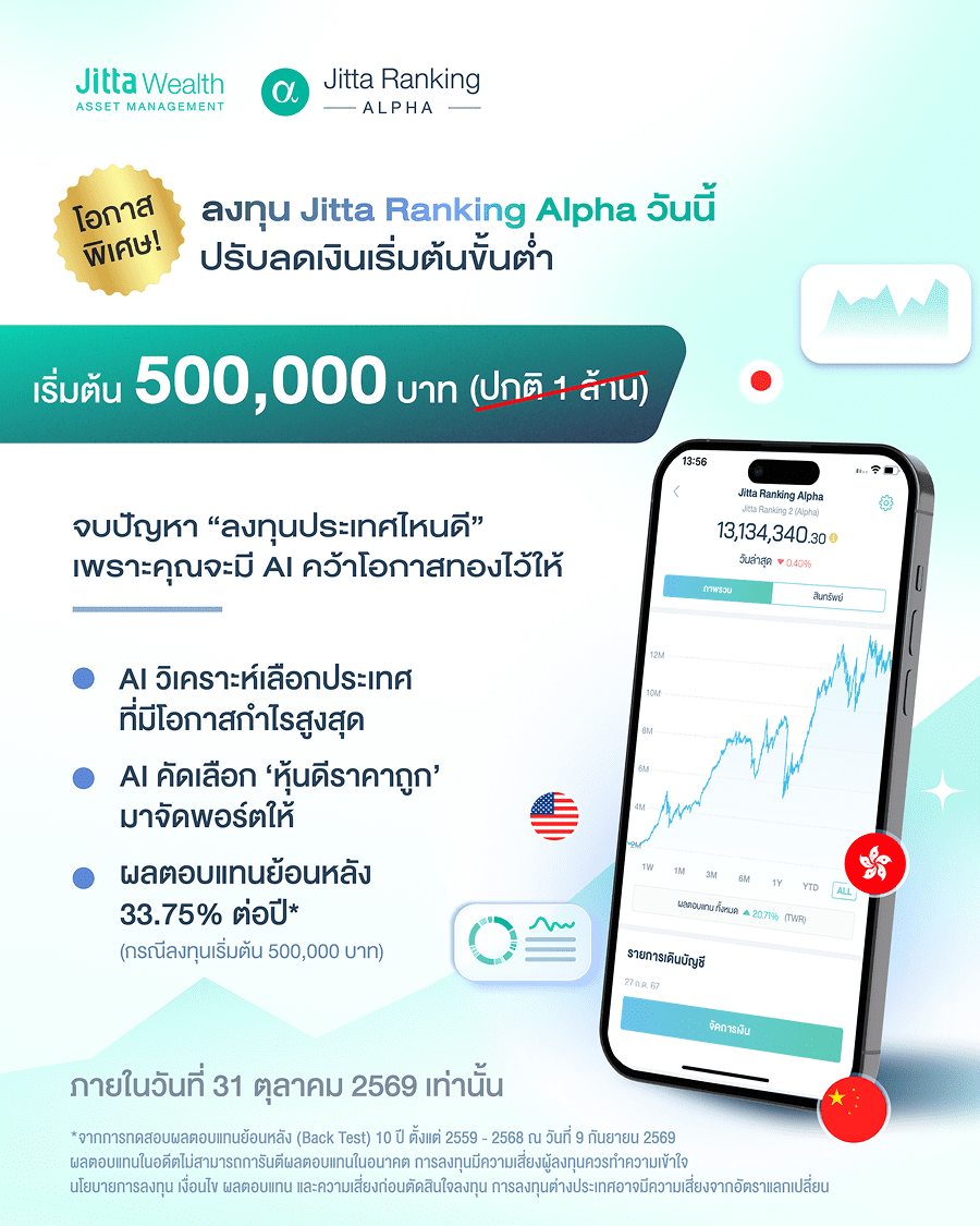 ภาพประกาศจาก Jitta Wealth Jitta Ranking Alpha เริ่มต้นลงทุนขั้นต่ำ 500,000 บาท จากปกติ 1 ล้านบาท ภายในวันที่ 31 ตุลาคม 2569