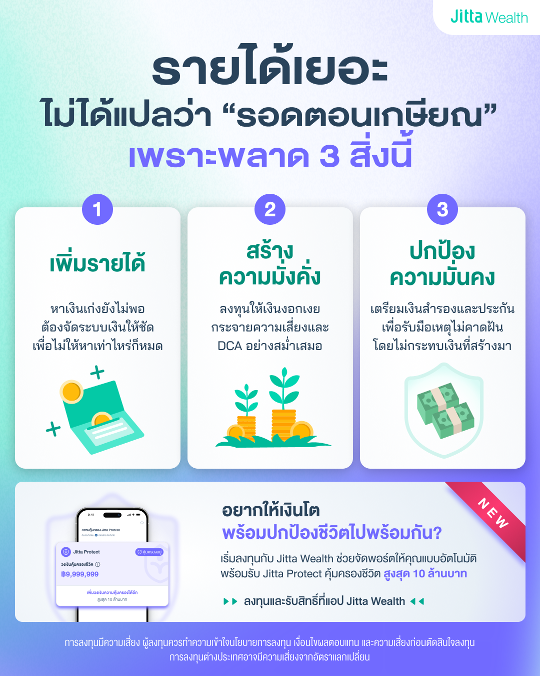 ภาพประกอบจาก Jitta Wealth ที่บอกว่า รายได้เยอะ ไม่ได้แปลว่ารอดตอนเกษียณเพราะพลาด 3 สิ่งคือ 1 การเพิ่มรายได้ 2 การสร้างความมั่งคั่ง 3 การปกป้องความมั่นคง